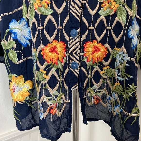 Johnny Was Floral Embroidered Tunic Top Women’s L Blue Multi Cupra Tie Neck Art - Picture 4 of 17